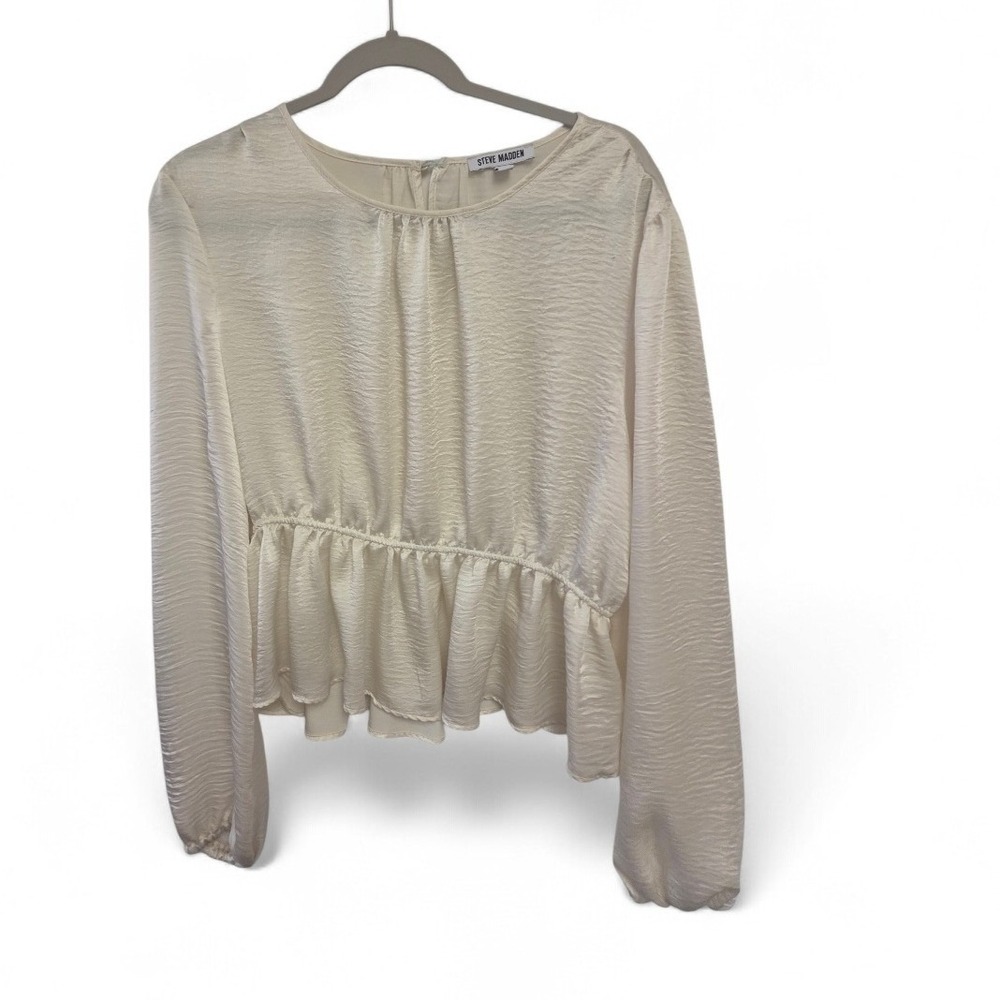 Steve Madden Womens XL Cream Crinkle Satin Peplum Blouse Long Sleeve‎ Top
